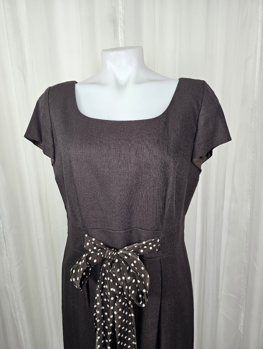 Talbots Chocolate Brown Silk Blend Sheath Midi Dress with Polka Dot Bow Sash 12 - Picture 3 of 11